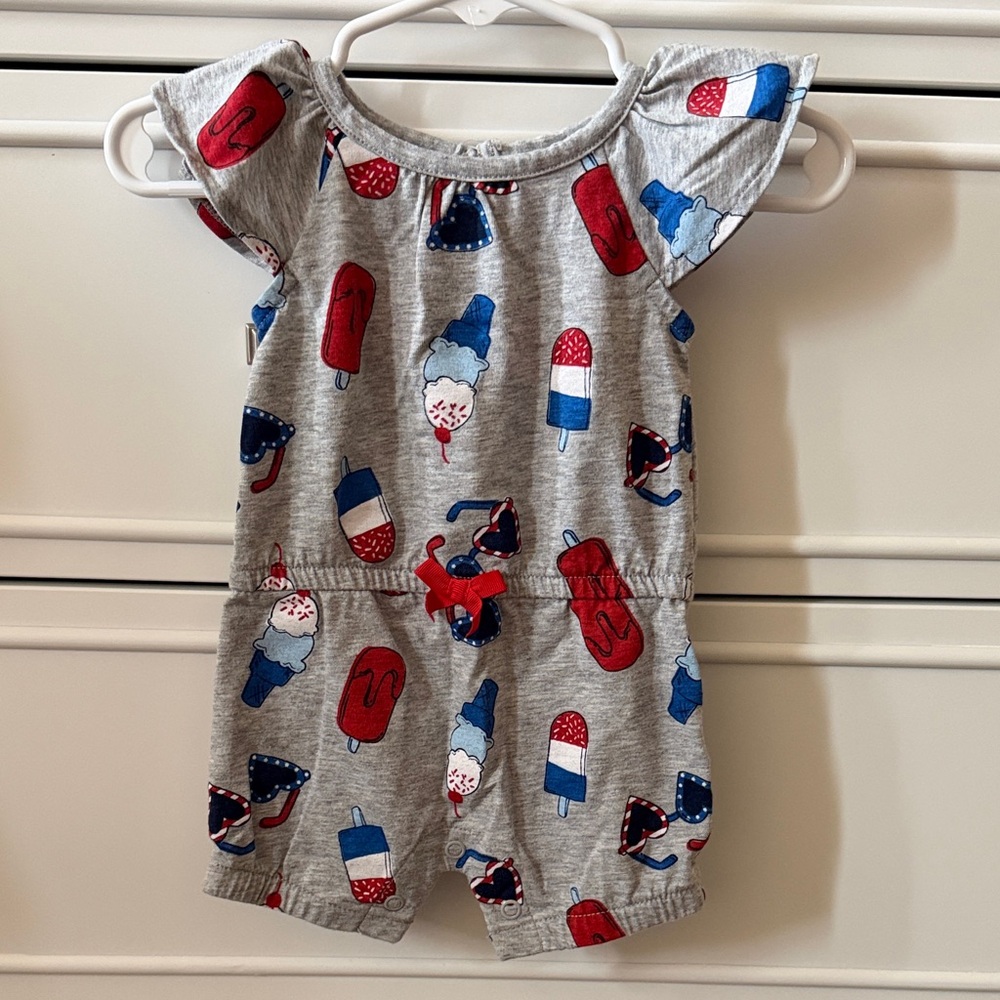 Carter’s Gray Ice Cream Print Romper Red, White & Blue, Patriotic, Size 3M